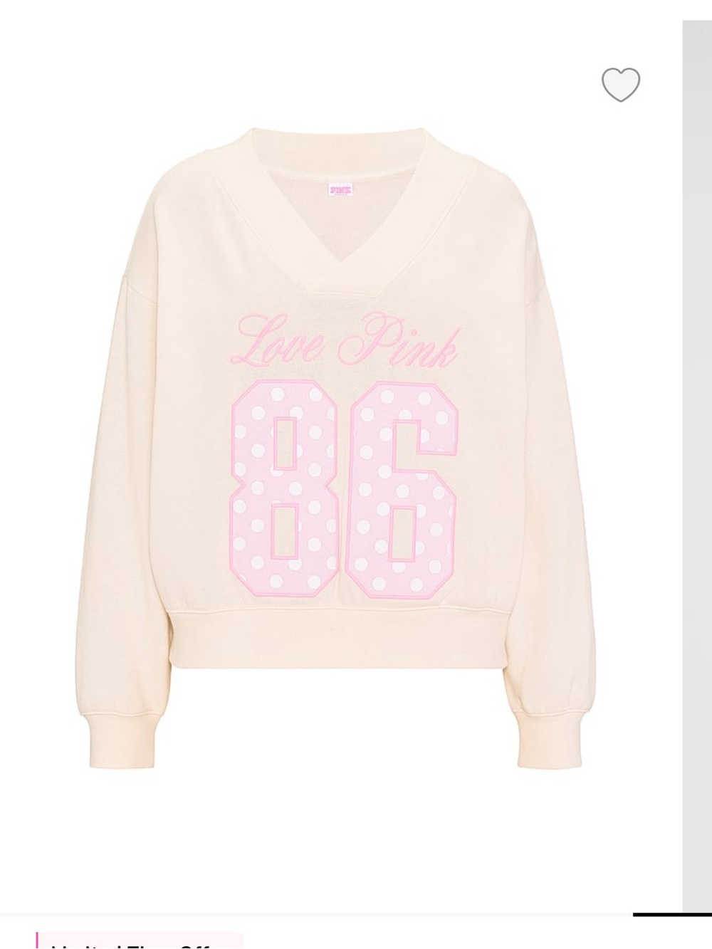 Victoria's Secret Cream V-Neck Sweatshirt with Pink 'Love Pink' 86 BRAND NEW